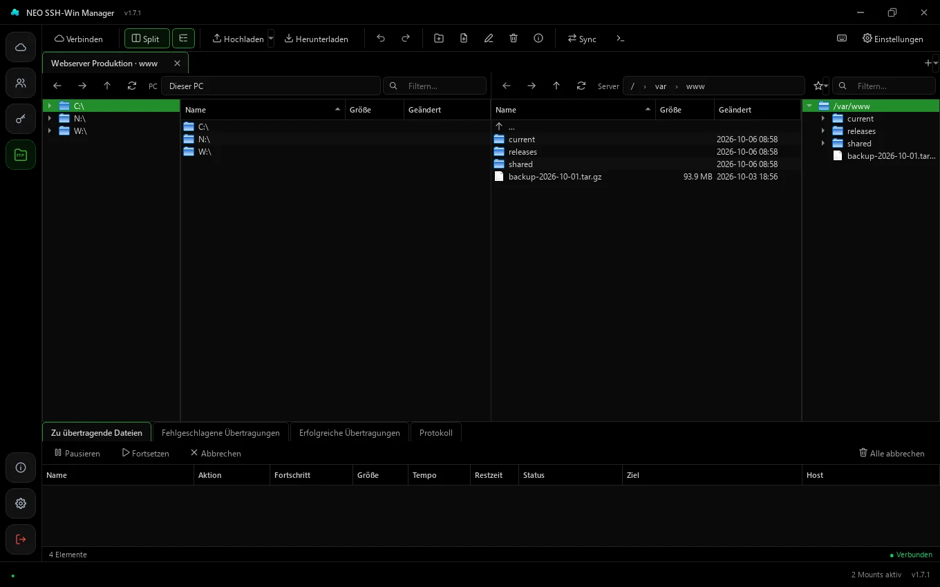 Dateibrowser mit „Dieser PC“ links und dem Server rechts