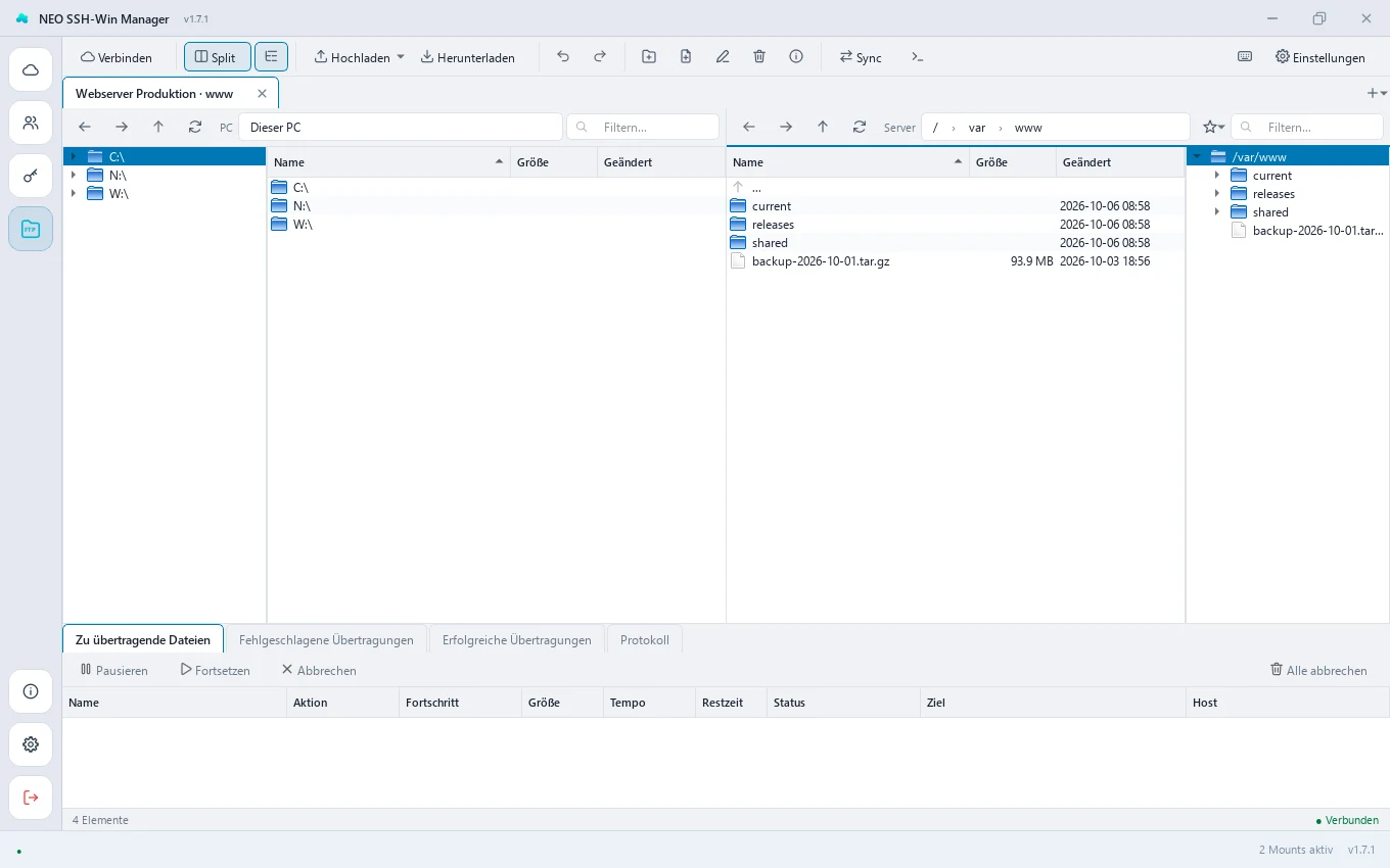 Dateibrowser mit „Dieser PC“ links und dem Server rechts