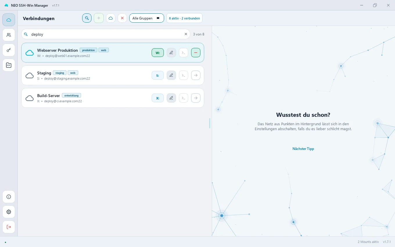 Verbindungsliste, gefiltert nach dem Benutzernamen deploy, mit „3 von 8“