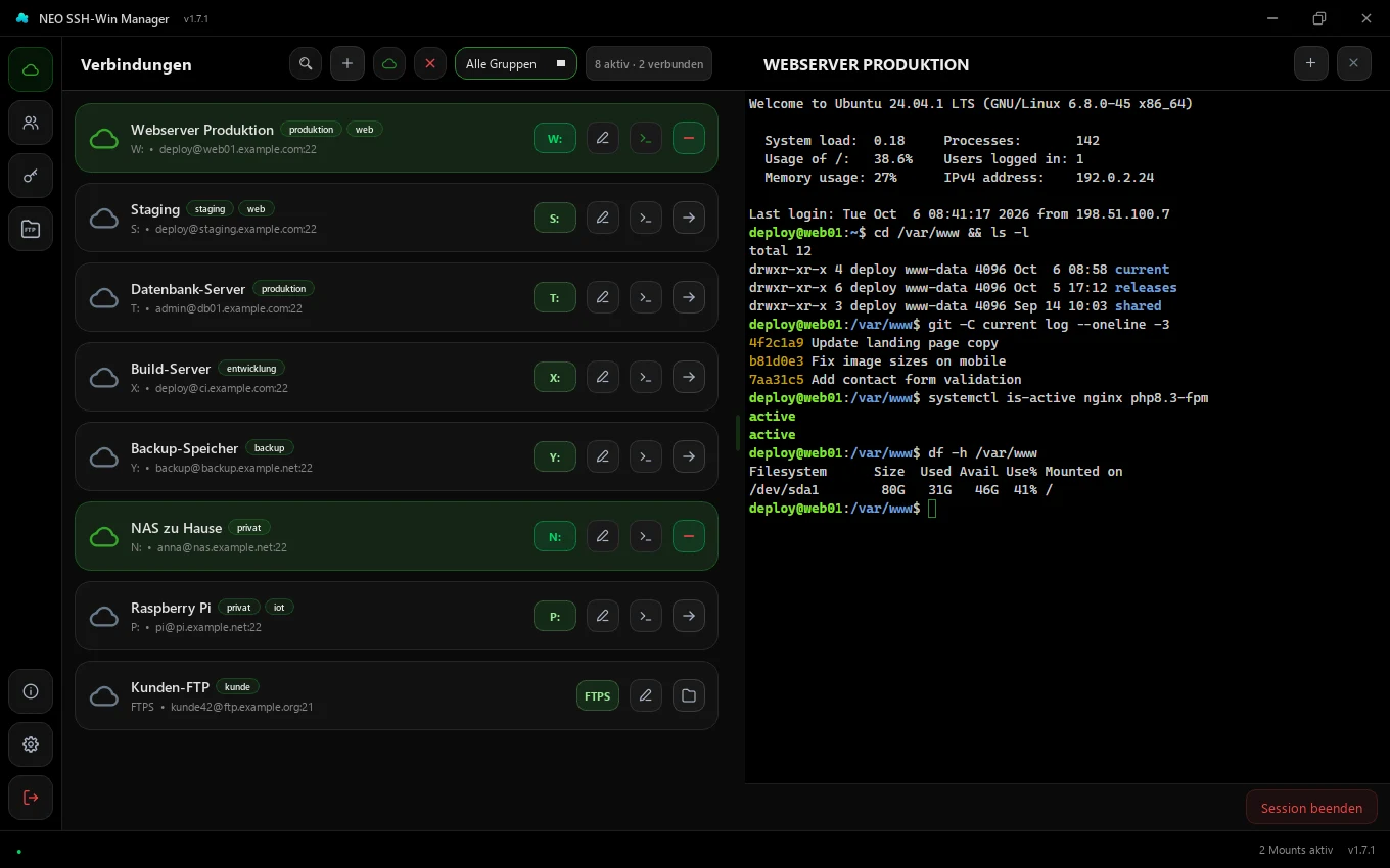 Integriertes Terminal mit einer SSH-Sitzung neben der Verbindungsliste