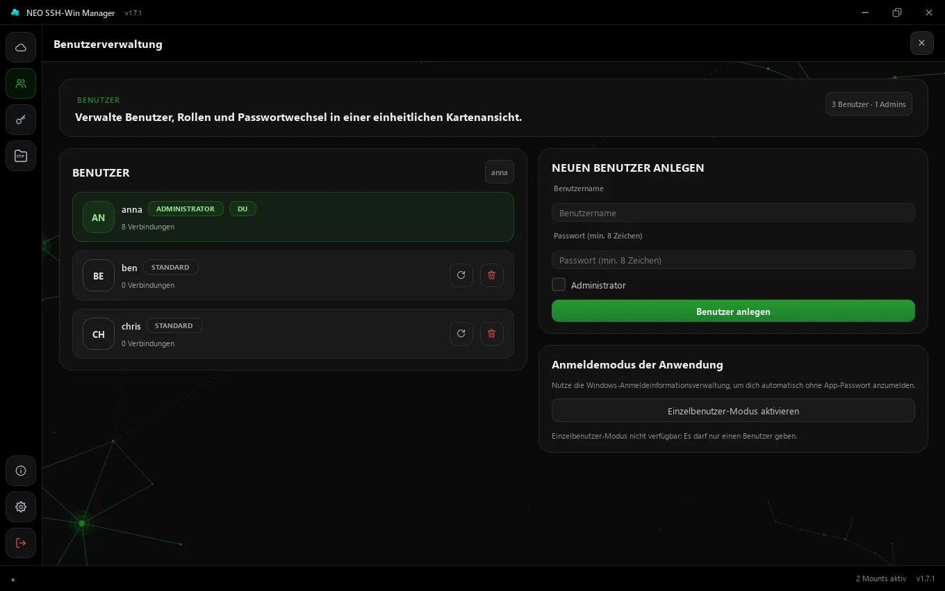 Benutzerverwaltung mit drei Benutzern und dem Formular für neue Benutzer