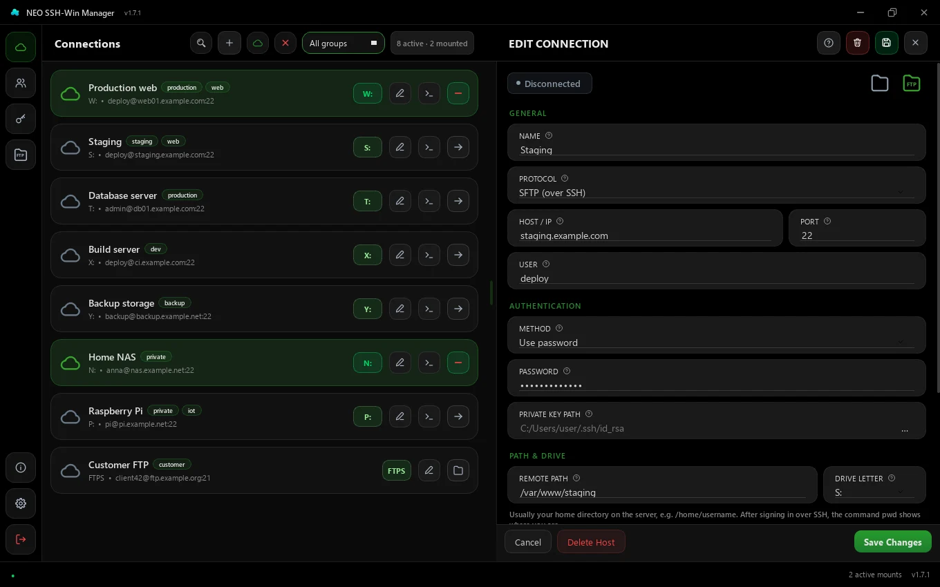 The “Edit connection” form with help buttons beside every field