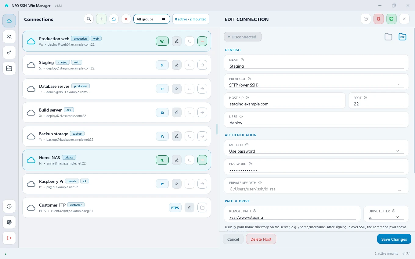 The “Edit connection” form with help buttons beside every field