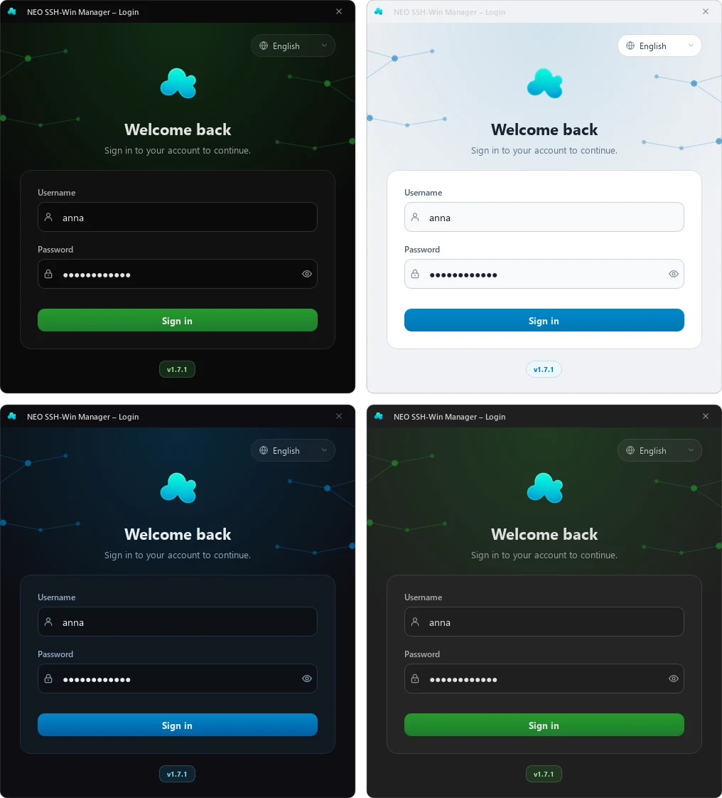 Login screen with language picker in four themes