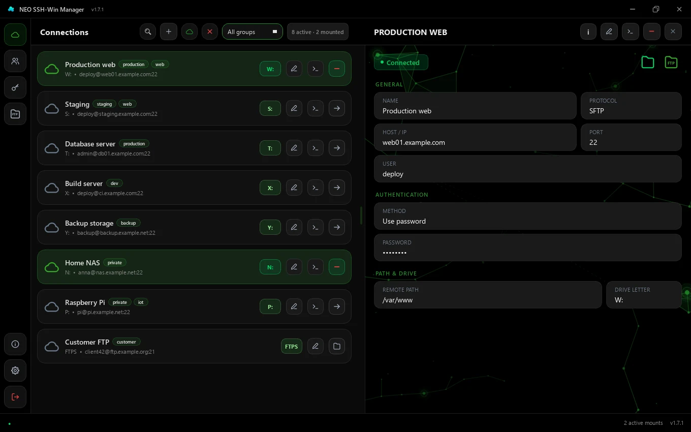 Main window with the connection list and a connection's details