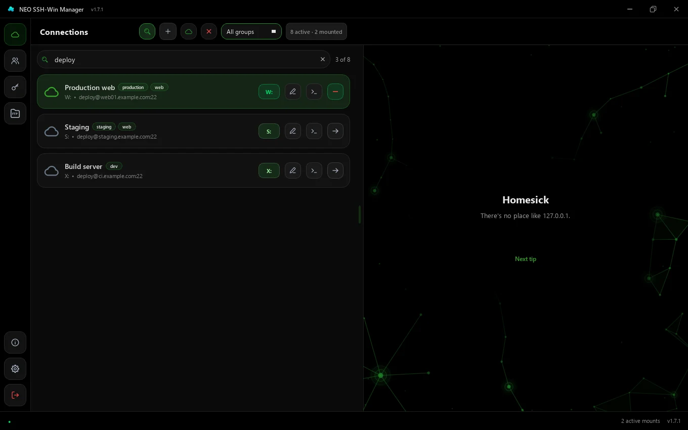 Connection list filtered by the user name deploy, showing “3 of 8”