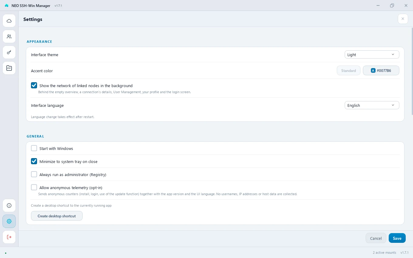 The settings page with the Appearance and General sections