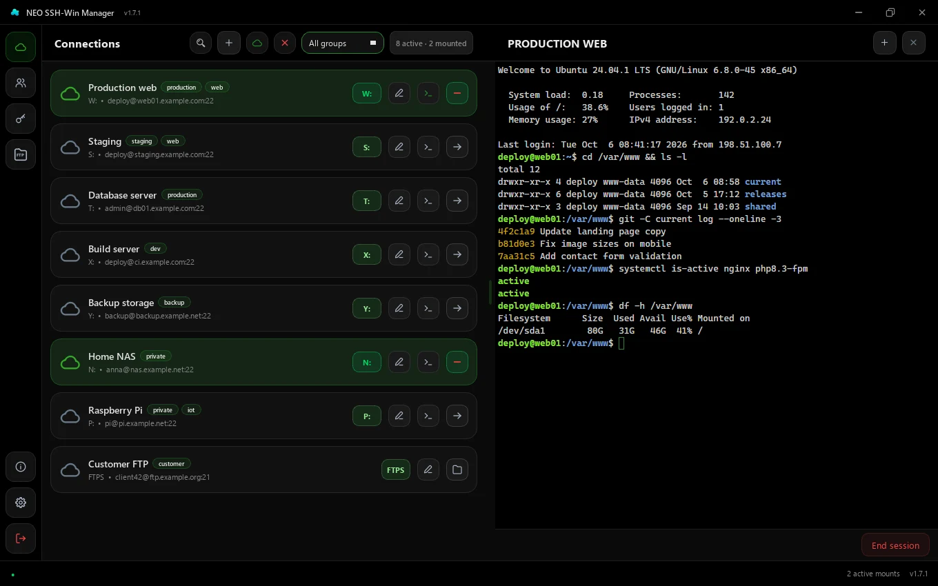 Integrated terminal with an SSH session next to the connection list
