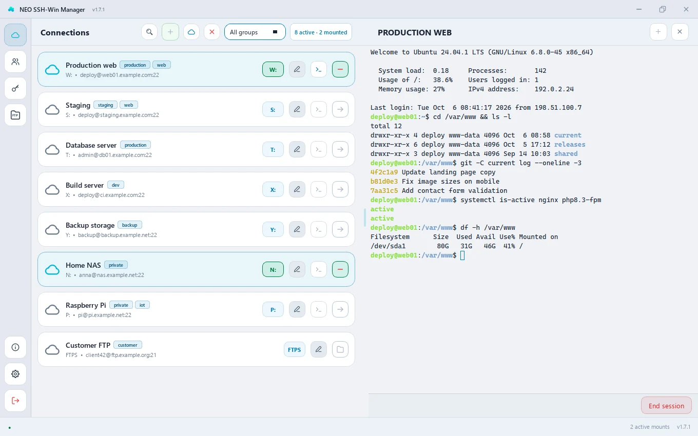 Integrated terminal with an SSH session next to the connection list