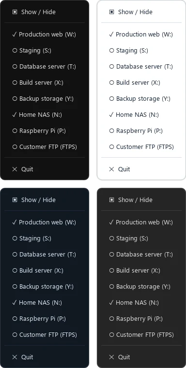 Tray menu with quick toggles for every connection in four themes