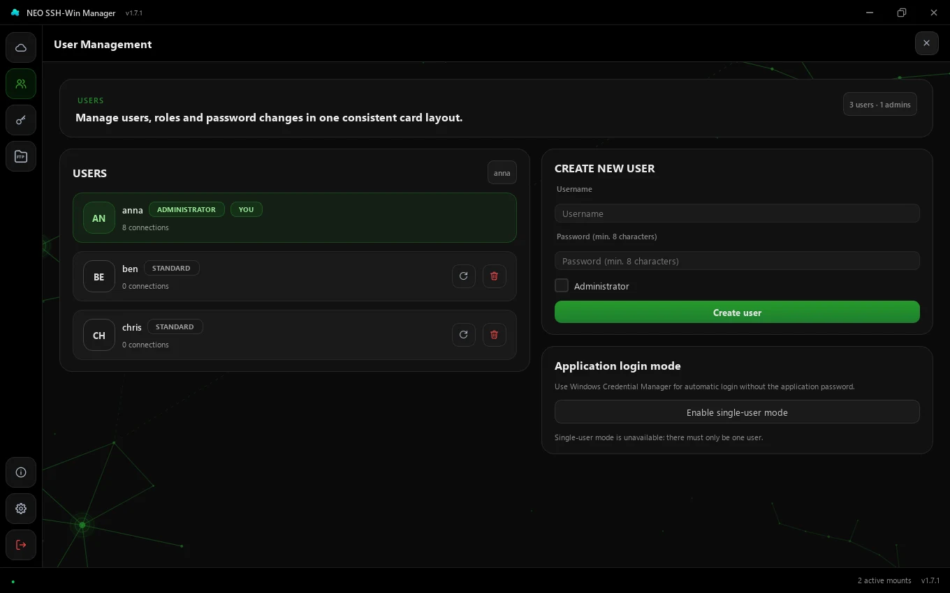 User management with three users and the form for new users