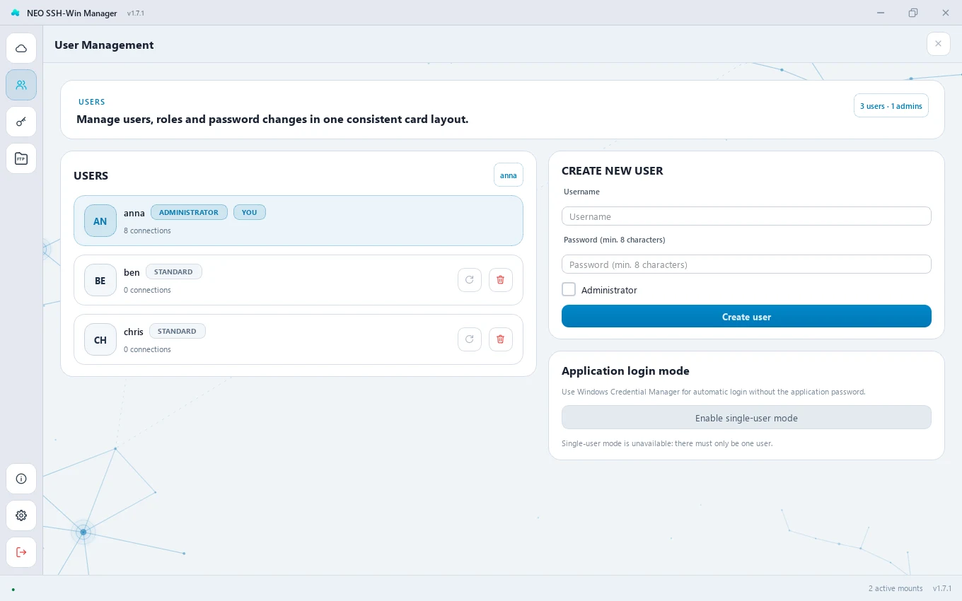 User management with three users and the form for new users
